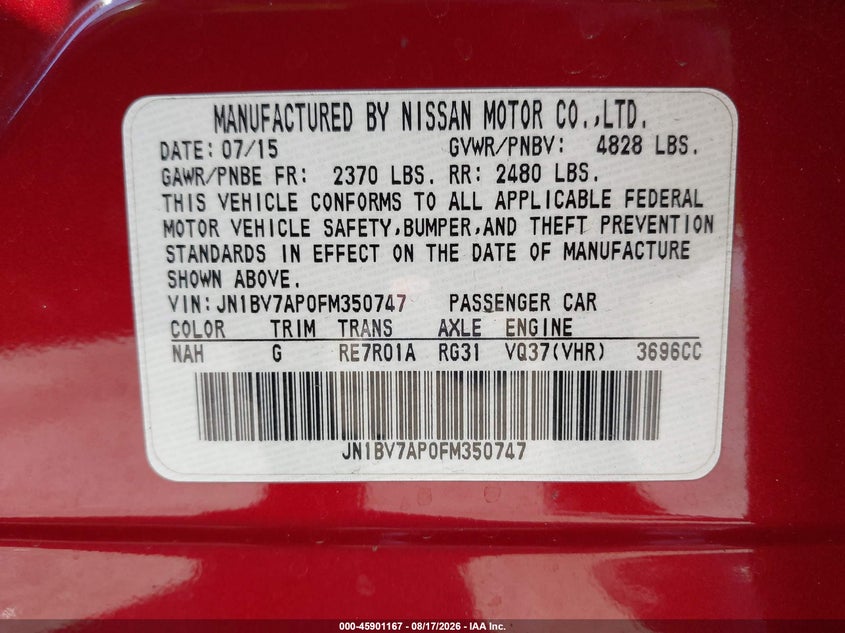 2015 Infiniti Q50 VIN JN1BV7AP0FM350747 IAAI salvage auction — NORMAL WEAR, Salvage (California), sold $2,850 on 2026-09-07 (photo 9)