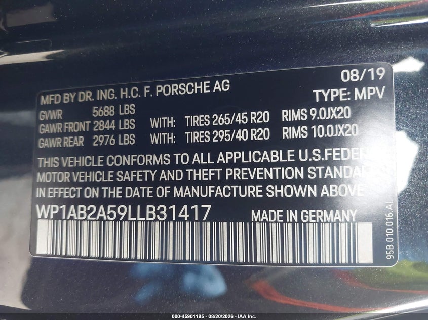 2020 Porsche Macan VIN WP1AB2A59LLB31417 IAAI salvage auction — REAR END, Salvage (Pennsylvania), sold $14,000 on 2026-10-09 (photo 9)