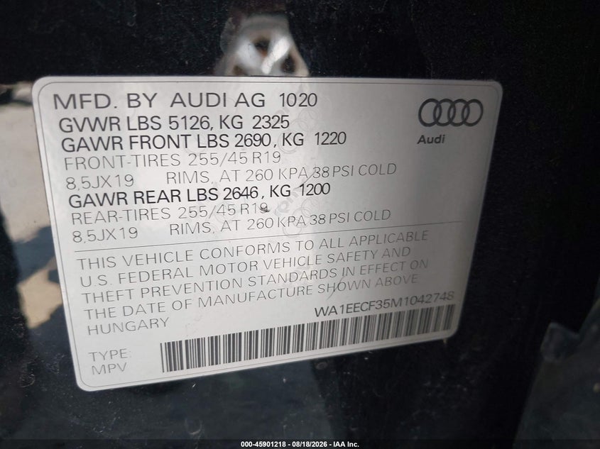 2021 Audi Q3 VIN WA1EECF35M1042748 IAAI salvage auction — REAR END, Salvage Title, sold $6,750 on 2026-09-30 (photo 9)