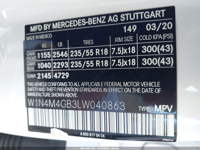 2020 Mercedes-benz Glb VIN W1N4M4GB3LW040863 IAAI salvage auction — FRONT END, Salvage (Arizona), sold $5,400 on 2026-09-07 (photo 9)
