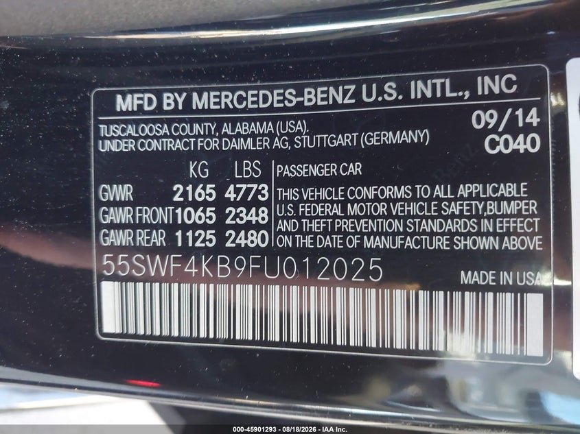 2015 Mercedes-benz C-klasse VIN 55SWF4KB9FU012025 IAAI salvage auction — REAR END, Wait Title, sold $3,650 on 2026-09-18 (photo 9)