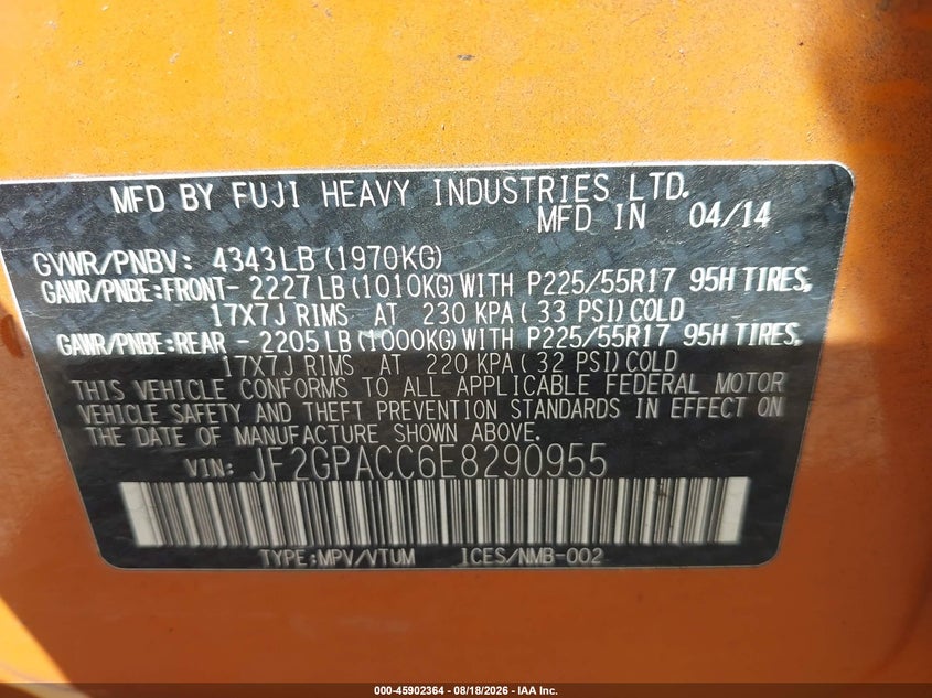 2014 Subaru Xv VIN JF2GPACC6E8290955 IAAI salvage auction — NORMAL WEAR, Clear (Louisiana), sold $1,750 on 2026-10-11 (photo 9)