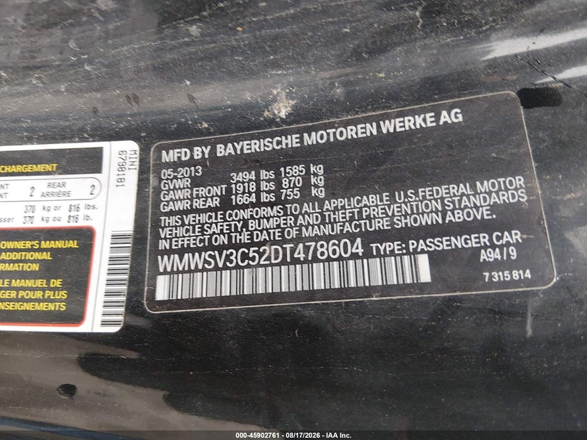 2013 Mini Hard top VIN WMWSV3C52DT478604 IAAI salvage auction — NORMAL WEAR, Original (New Hampshire), sold $300 on 2026-08-19 (photo 9)