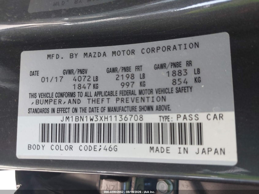 2017 Mazda 3 VIN JM1BN1W3XH1136708 IAAI salvage auction — SIDE, Salvage (Arizona), sold $4,150 on 2026-09-08 (photo 9)
