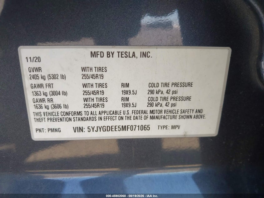 2021 Tesla Model y VIN 5YJYGDEE5MF071065 IAAI salvage auction — SIDE, Wait Title, sold $4,600 on 2026-09-05 (photo 9)