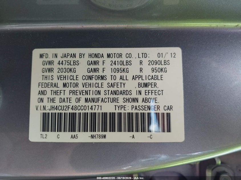 2012 Acura Tsx VIN JH4CU2F48CC014771 IAAI salvage auction — NORMAL WEAR, Clear (Virginia), sold $1,350 on 2026-09-11 (photo 9)