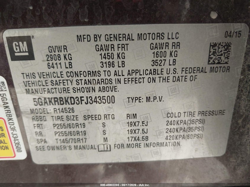 2015 Buick Enclave VIN 5GAKRBKD3FJ343500 IAAI salvage auction — NORMAL WEAR, Original (Texas), sold $1,050 on 2026-08-28 (photo 9)