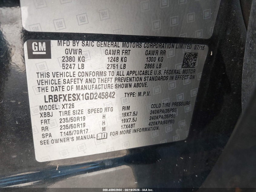 2016 Buick Envision VIN LRBFXESX1GD245842 IAAI salvage auction — STORM DAMAGE, Clear (Indiana), sold $2,300 on 2026-10-06 (photo 9)