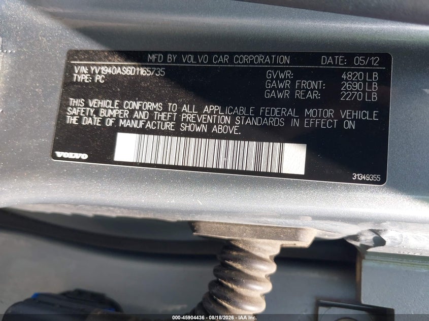 2013 Volvo S80 VIN YV1940AS6D1165735 IAAI salvage auction — NORMAL WEAR, Clear (New Jersey), sold $575 on 2026-08-19 (photo 9)