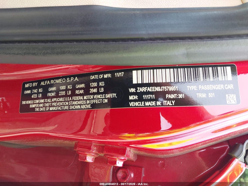 2018 Alfa romeo Giulia VIN ZARFAEEN9J7579951 IAAI salvage auction — FRONT END, Wait Title, sold $4,900 on 2026-09-07 (photo 9)