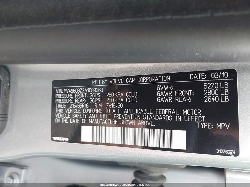 2010 Volvo Xc70 VIN YV4960BZ3A1089363 IAAI salvage auction — STORM DAMAGE, Salvage (Virginia), sold $550 on 2026-10-06 (photo 9)