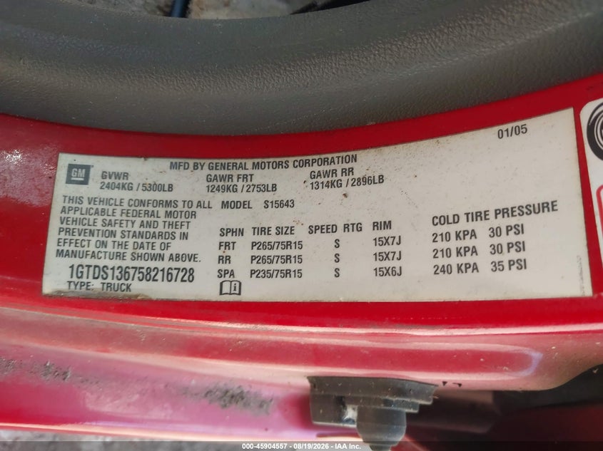 2005 Gmc Canyon VIN 1GTDS136758216728 IAAI salvage auction — UNKNOWN, Clear (Texas), sold $2,150 on 2026-09-02 (photo 9)