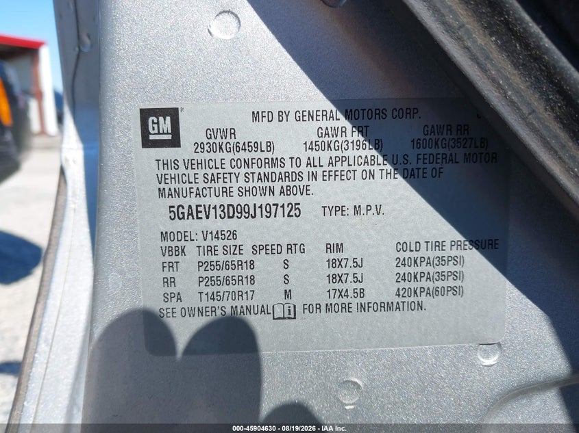 2009 Buick Enclave VIN 5GAEV13D99J197125 IAAI salvage auction — NORMAL WEAR, Clear (Delaware), sold $450 on 2026-09-14 (photo 9)