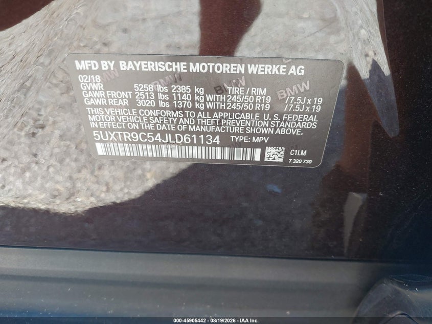 2018 BMW X3 VIN 5UXTR9C54JLD61134 IAAI salvage auction — FRONT END, Salvage (Georgia), sold $7,500 on 2026-09-16 (photo 9)