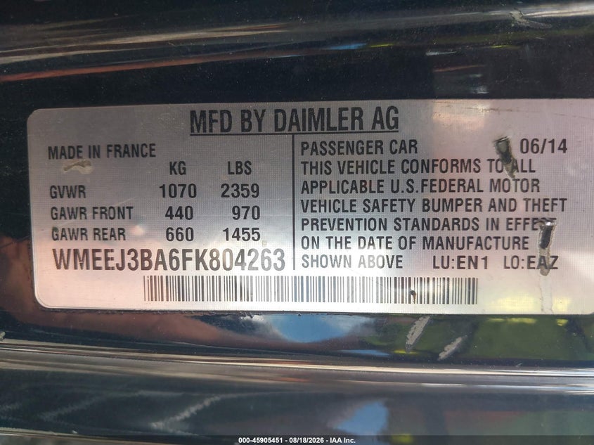 2015 Smart Fortwo VIN WMEEJ3BA6FK804263 IAAI salvage auction — NORMAL WEAR, Clear (New York), sold $575 on 2026-09-15 (photo 9)