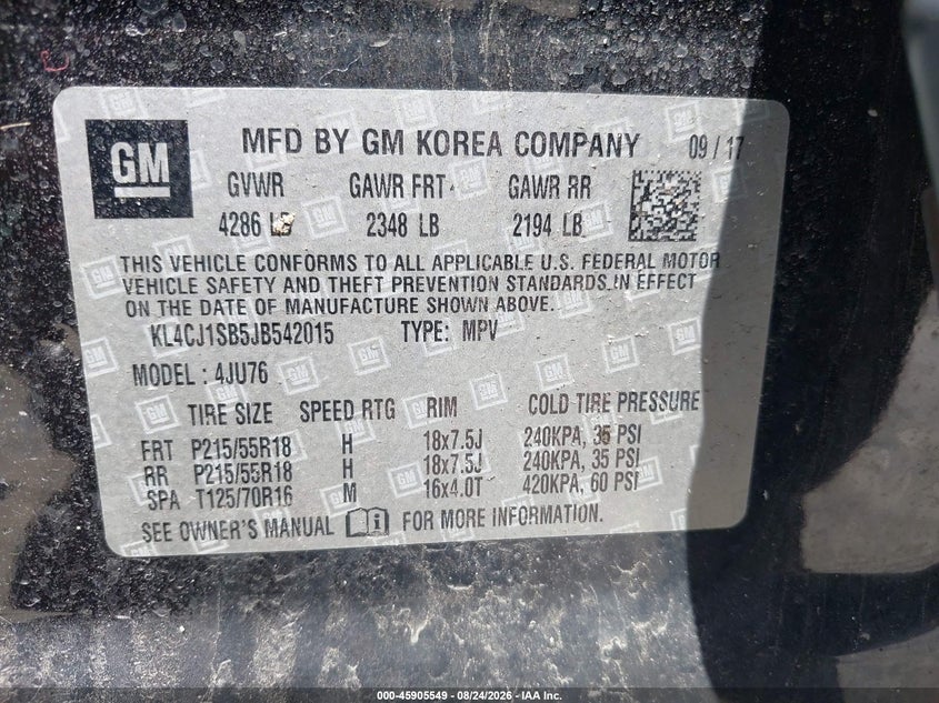 2018 Buick Encore VIN KL4CJ1SB5JB542015 IAAI salvage auction — SIDE, Salvage Title, sold $225 on 2026-09-30 (photo 9)