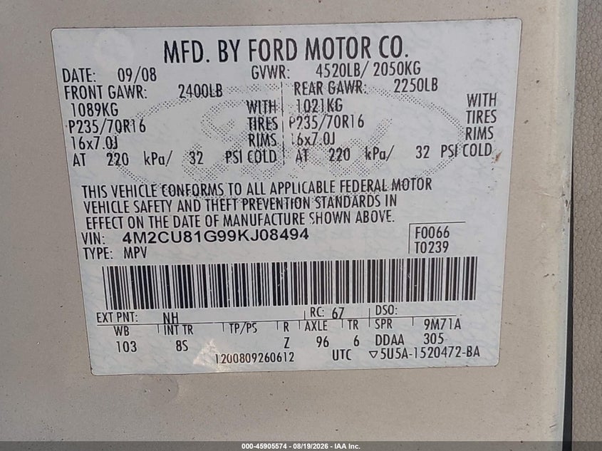 2009 Mercury Mariner VIN 4M2CU81G99KJ08494 IAAI salvage auction — REAR END, Nrc Lienholder Repossession Paperwork (Texas), sold $275 on 2026-09-11 (photo 9)