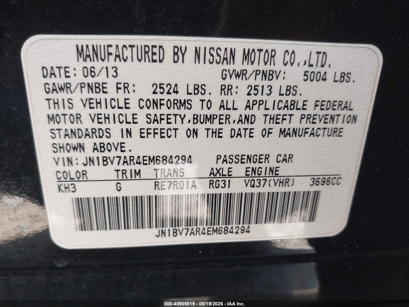 2014 Infiniti Q50 VIN JN1BV7AR4EM684294 IAAI salvage auction — FRONT END, Wait Title, sold $925 on 2026-08-30 (photo 9)