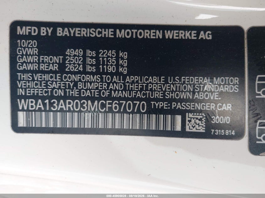 2021 BMW 4er VIN WBA13AR03MCF67070 IAAI salvage auction — FRONT END, Mv-907A (New York), sold $20,550 on 2026-09-08 (photo 9)