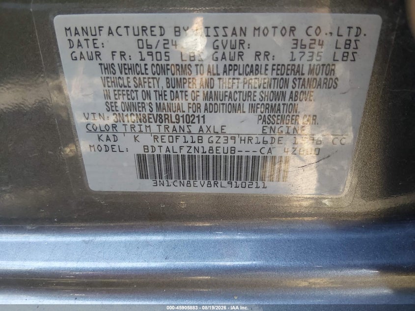2024 Nissan Versa VIN 3N1CN8EV8RL910211 IAAI salvage auction — REAR END, Salvage Title, sold $8,100 on 2026-08-23 (photo 9)