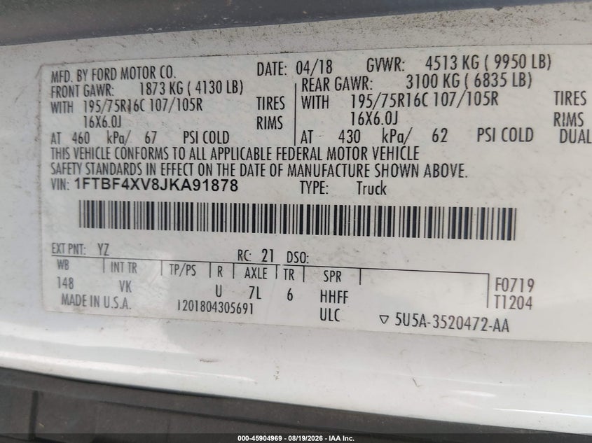 2018 Ford Transit VIN 1FTBF4XV8JKA91878 IAAI salvage auction — NORMAL WEAR, Clear (Florida), sold $75 on 2026-09-07 (photo 9)