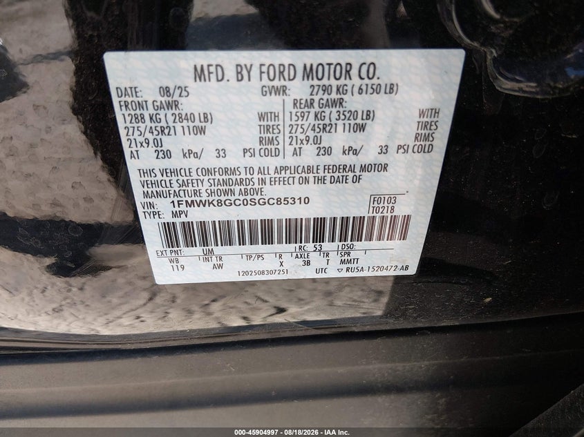 2025 Ford Explorer VIN 1FMWK8GC0SGC85310 IAAI salvage auction — FRONT END, Wait Title, sold $19,750 on 2026-10-13 (photo 9)