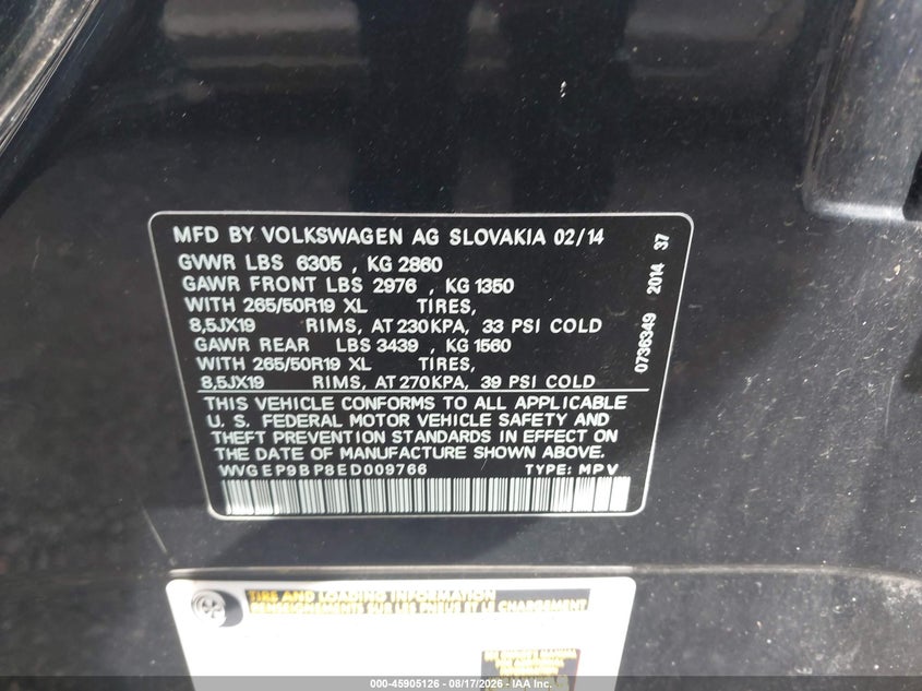 2014 Volkswagen Touareg VIN WVGEP9BP8ED009766 IAAI salvage auction — ALL OVER, Clear (Pennsylvania), sold $225 on 2026-08-19 (photo 9)