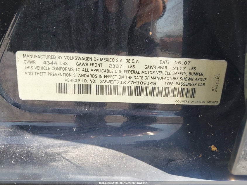 2007 Volkswagen Jetta VIN 3VWEF71K77M189148 IAAI salvage auction — NORMAL WEAR, Clear (Florida), sold $575 on 2026-09-02 (photo 9)