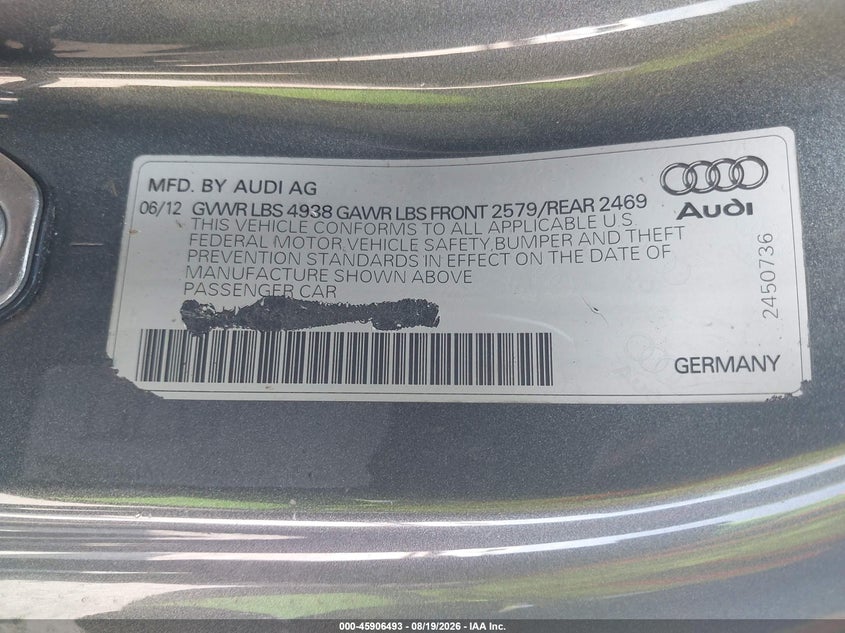 2013 Audi S5 VIN WAUVGAFR2DA006957 IAAI salvage auction — FRONT END, Wait Title, sold $1,100 on 2026-09-27 (photo 9)