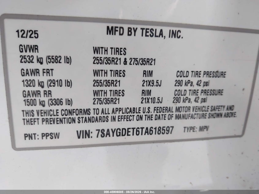 2026 Tesla Model y VIN 7SAYGDET6TA618597 IAAI salvage auction — SUSPENSION, Mv-907A (New York), sold $12,900 on 2026-09-02 (photo 9)