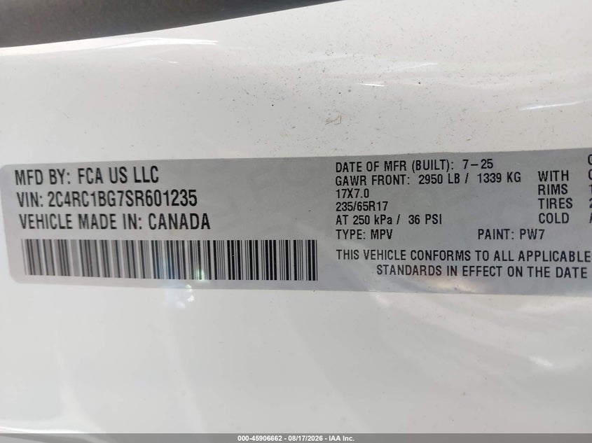 2025 Chrysler Pacifica VIN 2C4RC1BG7SR601235 IAAI salvage auction — RIGHT FRONT, Enterprise Vehicles Clear Only (Illinois), sold $19,475 on 2026-08-24 (photo 9)