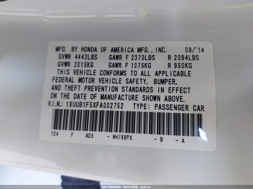 2015 Acura Tlx VIN 19UUB1F5XFA002752 IAAI salvage auction — FRONT END, Salvage Title, sold $2,600 on 2026-09-09 (photo 9)