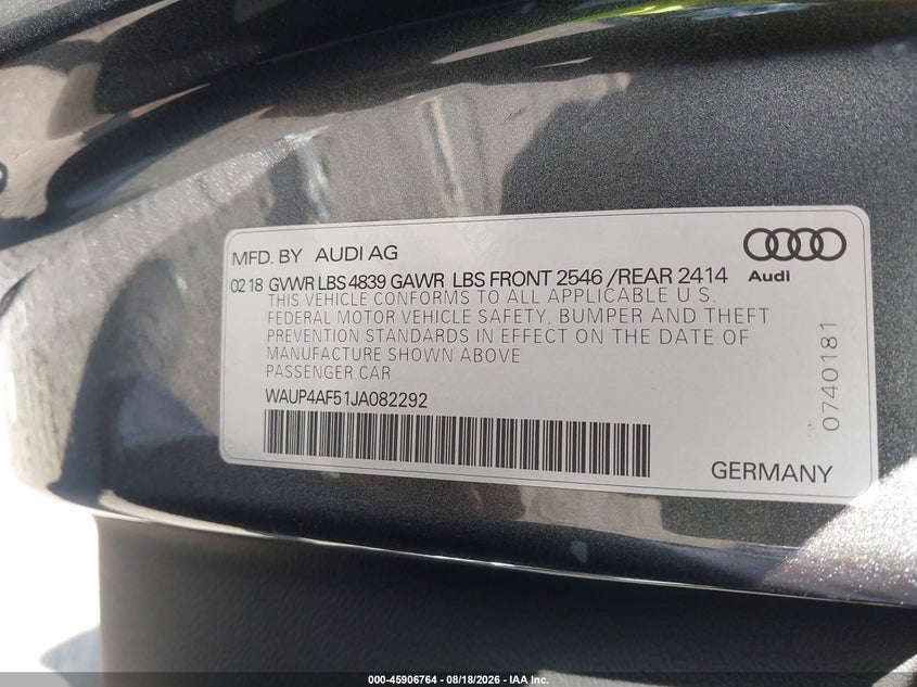 2018 Audi S5 VIN WAUP4AF51JA082292 IAAI salvage auction — FRONT END, Wait Title, sold $5,150 on 2026-09-28 (photo 9)