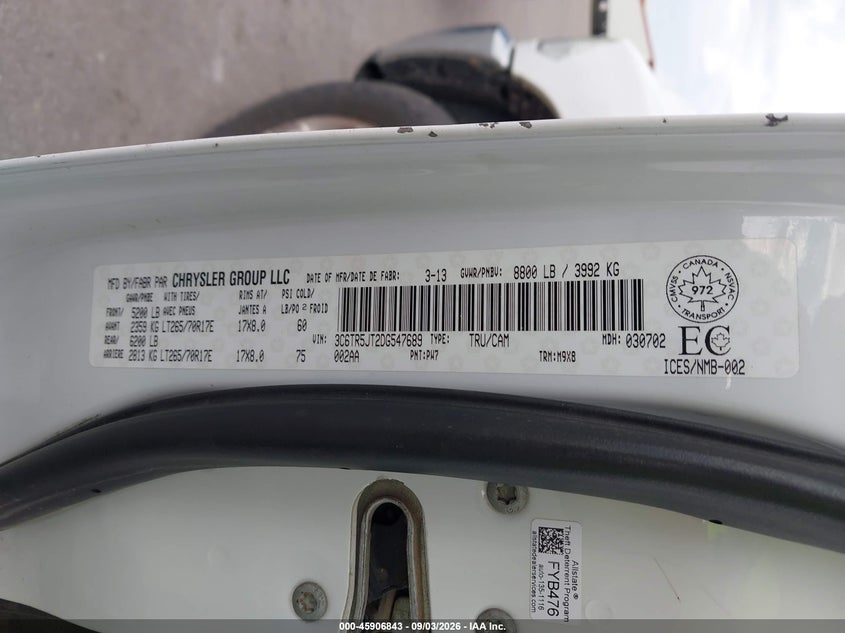2013 Ram 2500 VIN 3C6TR5JT2DG547689 IAAI salvage auction — HAIL, Salvage (Nebraska), sold $1,950 on 2026-09-28 (photo 9)