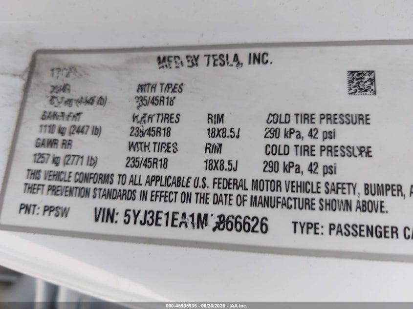 2021 Tesla Model 3 VIN 5YJ3E1EA1MF866626 IAAI salvage auction — FRAME DAMAGE, Salvage Title, sold $4,725 on 2026-10-02 (photo 9)