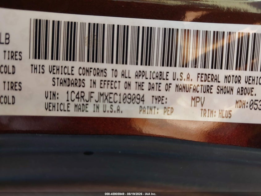 2014 Jeep Grand cherokee VIN 1C4RJFJMXEC109094 IAAI salvage auction — NORMAL WEAR, Salvage Title, sold $2,875 on 2026-09-13 (photo 9)