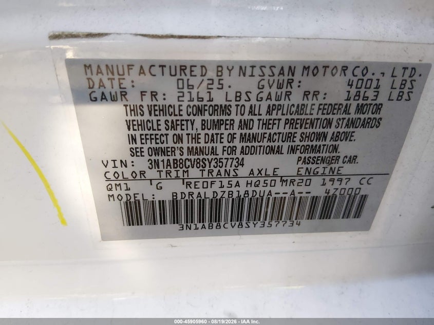 2025 Nissan Sentra VIN 3N1AB8CV8SY357734 IAAI salvage auction — RIGHT FRONT, Salvage Title, sold $13,200 on 2026-08-22 (photo 9)