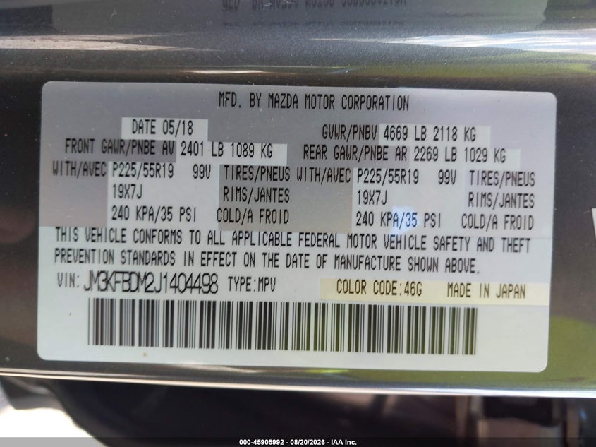 2018 Mazda Cx-5 VIN JM3KFBDM2J1404498 IAAI salvage auction — SIDE, Wait Title, sold $6,100 on 2026-09-06 (photo 9)