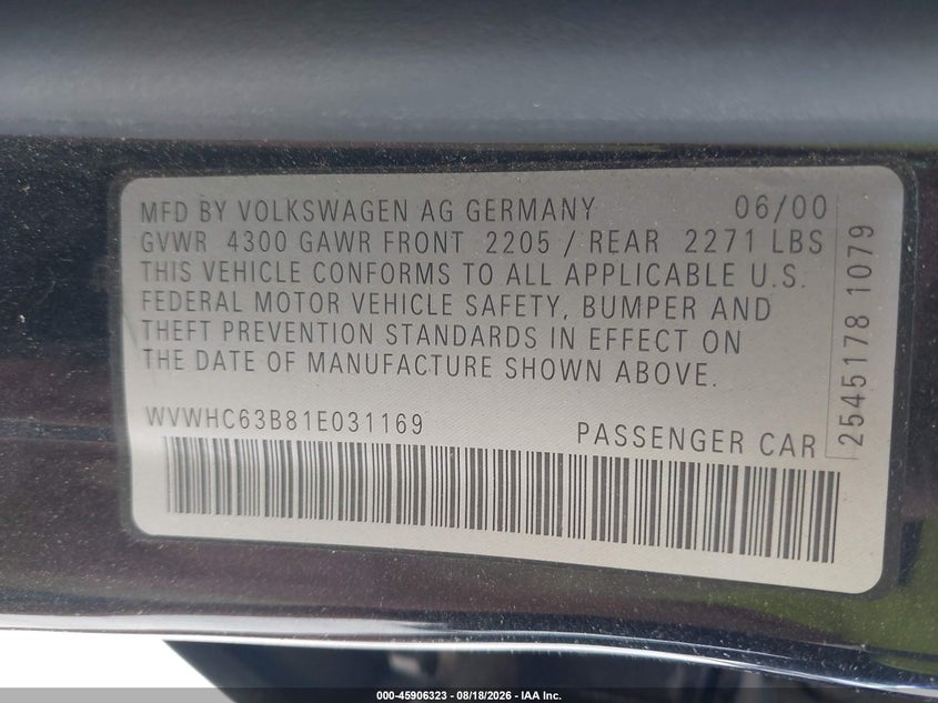 2001 Volkswagen Passat VIN WVWHC63B81E031169 IAAI salvage auction — FRONT END, Clear (Virginia), sold $275 on 2026-08-19 (photo 9)
