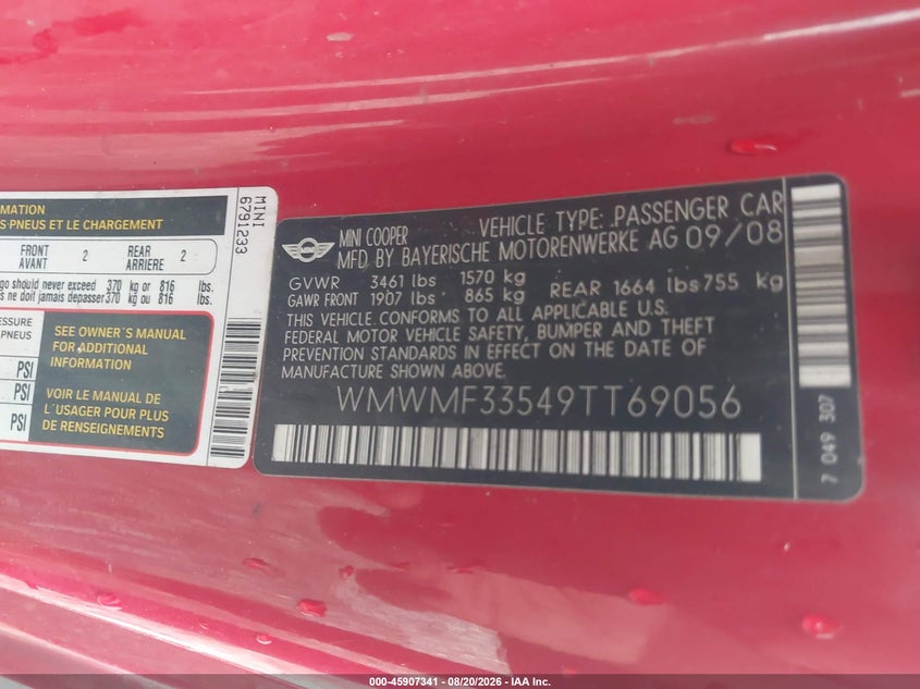 2009 Mini Cooper VIN WMWMF33549TT69056 IAAI salvage auction — NORMAL WEAR, Clear (Pennsylvania), sold $250 on 2026-09-23 (photo 9)