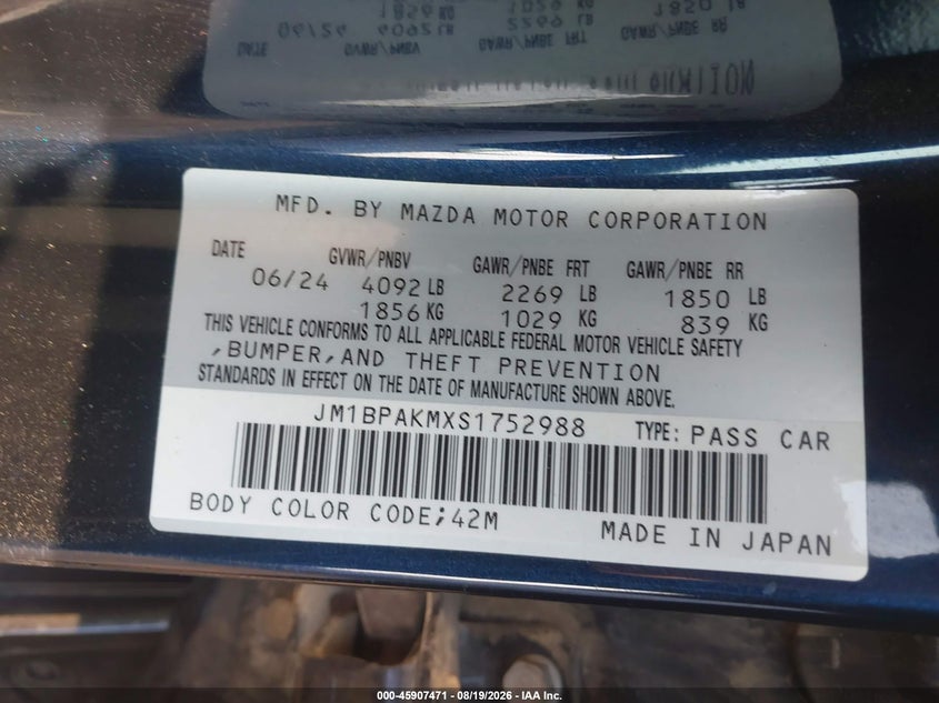 2025 Mazda 3 VIN JM1BPAKMXS1752988 IAAI salvage auction — FRONT END, Enterprise Vehicles Clear Only (Washington), sold $13,700 on 2026-08-26 (photo 9)