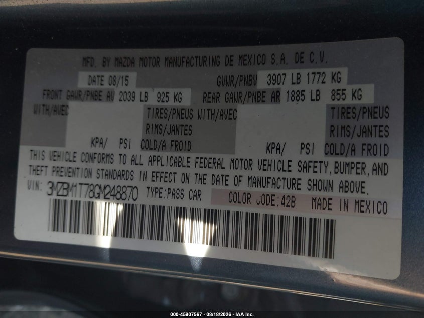 2016 Mazda 3 VIN 3MZBM1T78GM248870 IAAI salvage auction — LEFT SIDE, Salvage (Georgia), sold $975 on 2026-09-17 (photo 9)