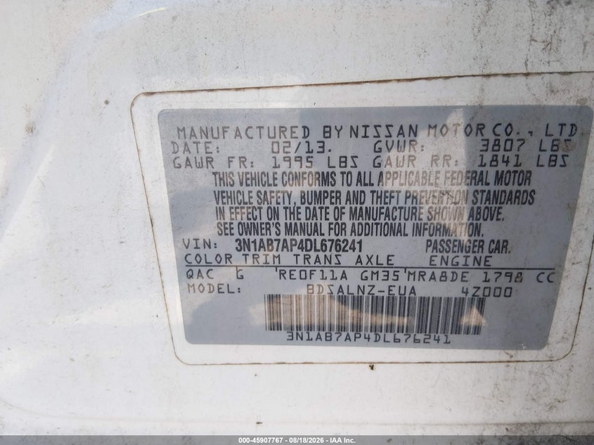 2013 Nissan Sentra VIN 3N1AB7AP4DL676241 IAAI salvage auction — NORMAL WEAR, Clear (Georgia), sold $550 on 2026-09-10 (photo 9)