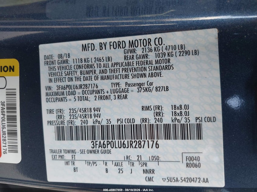 2018 Ford Fusion VIN 3FA6P0LU6JR287176 IAAI salvage auction — TRANSMISSION, Clear (Georgia), sold $3,200 on 2026-08-22 (photo 9)