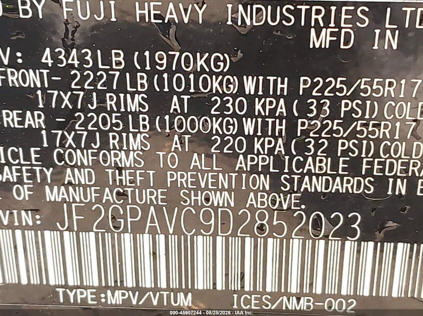 2013 Subaru Xv VIN JF2GPAVC9D2852023 IAAI salvage auction — RIGHT FRONT, Salvage (Maryland), sold $850 on 2026-09-14 (photo 9)