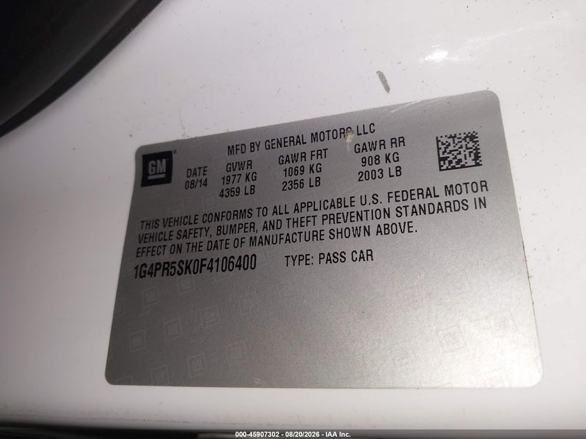 2015 Buick Verano VIN 1G4PR5SK0F4106400 IAAI salvage auction — HAIL, Salvage (Pennsylvania), sold $1,500 on 2026-09-03 (photo 9)