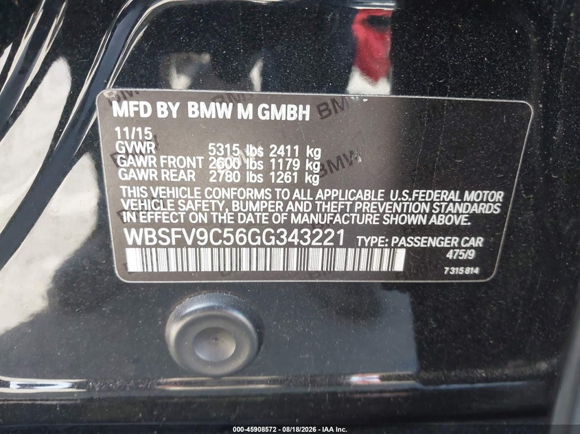 2016 BMW M5 VIN WBSFV9C56GG343221 IAAI salvage auction — RIGHT FRONT, Salvage (California), sold $6,300 on 2026-08-29 (photo 9)
