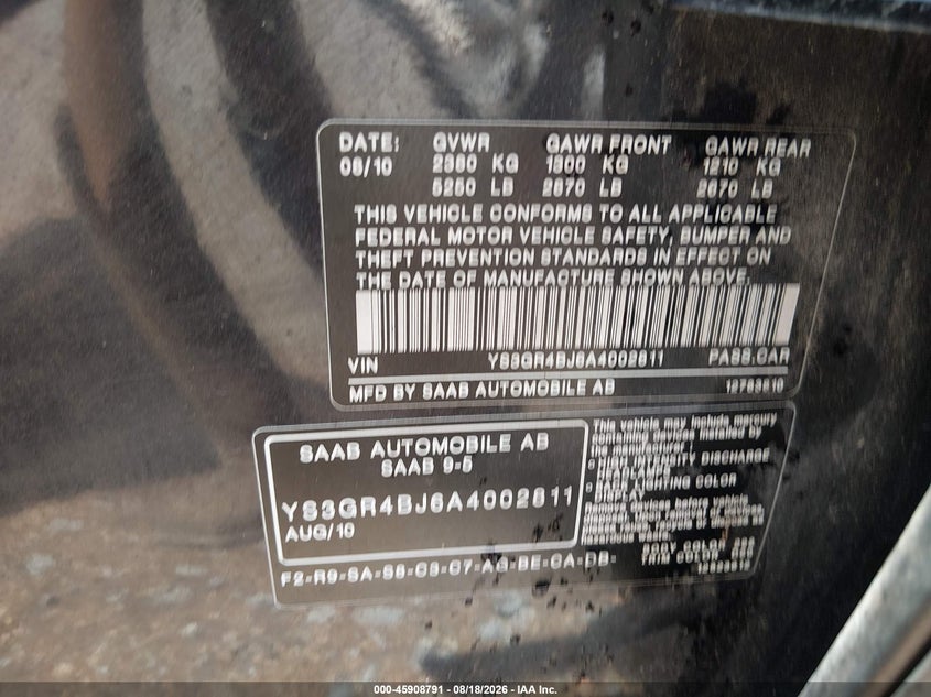 2010 Saab 9-5 VIN YS3GR4BJ6A4002811 IAAI salvage auction — NORMAL WEAR, Clear (Mississippi), sold $225 on 2026-10-07 (photo 9)