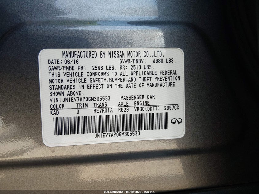 2016 Infiniti Q50 VIN JN1EV7AP0GM305533 IAAI salvage auction — NORMAL WEAR, Clear (Washington), sold $3,900 on 2026-09-23 (photo 9)