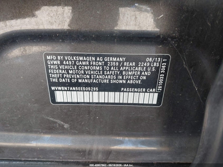 2014 Volkswagen Passat cc VIN WVWBN7AN5EE505295 IAAI salvage auction — NORMAL WEAR, Original (Texas), sold $350 on 2026-08-24 (photo 9)